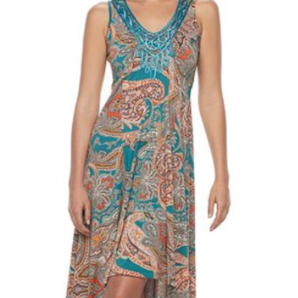 World Unity High-Low Embroidered Neckline Dress